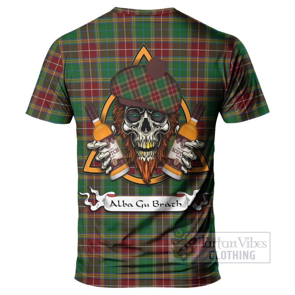 Tartan Vibes Clothing Baxter Tartan T-Shirt with Family Crest and Bearded Skull Holding Bottles of Whiskey