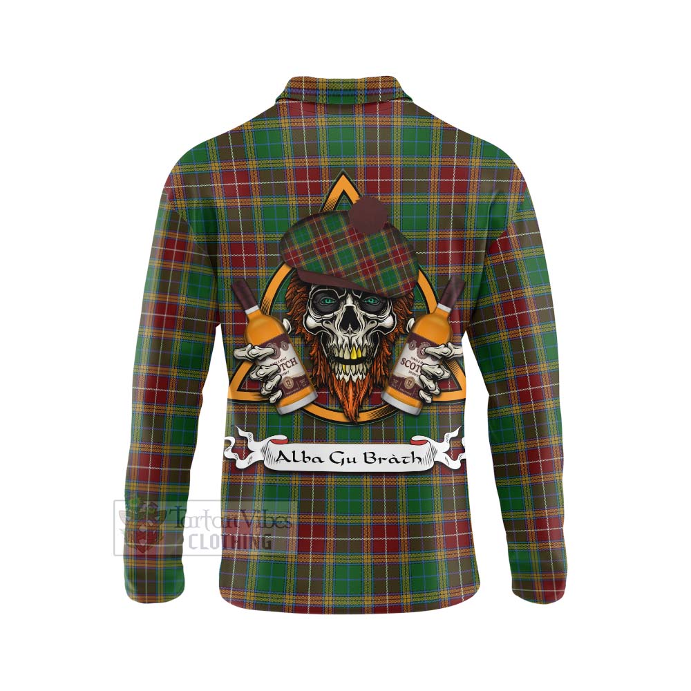 Tartan Vibes Clothing Baxter Tartan Long Sleeve Polo Shirt with Family Crest and Bearded Skull Holding Bottles of Whiskey