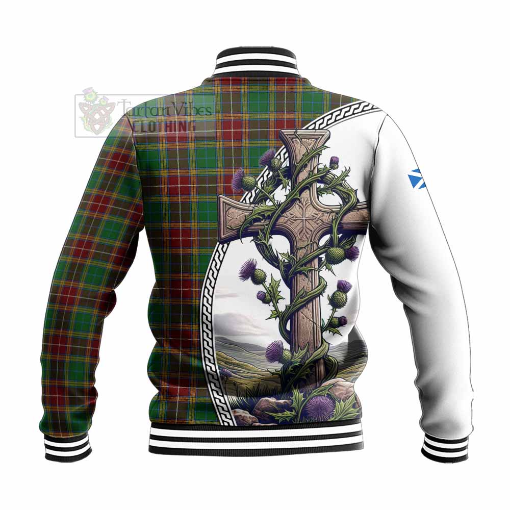 Tartan Vibes Clothing Baxter Tartan Baseball Jacket with Family Crest and St. Andrew's Cross Accented by Thistle Vines