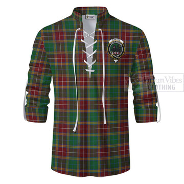 Baxter Tartan Ghillie Kilt Shirt with Family Crest and Bearded Skull Holding Bottles of Whiskey