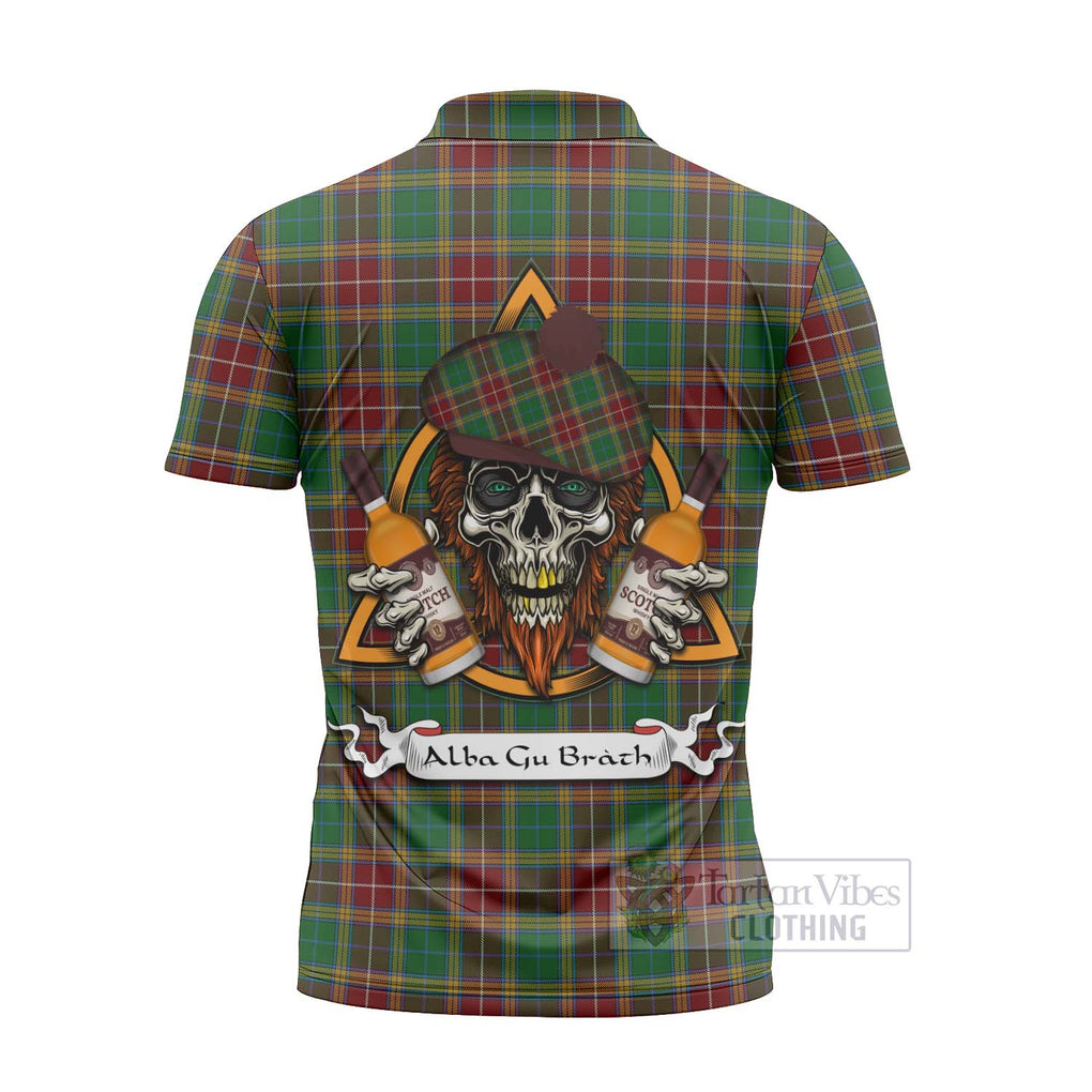 Tartan Vibes Clothing Baxter Tartan Zipper Polo Shirt with Family Crest and Bearded Skull Holding Bottles of Whiskey