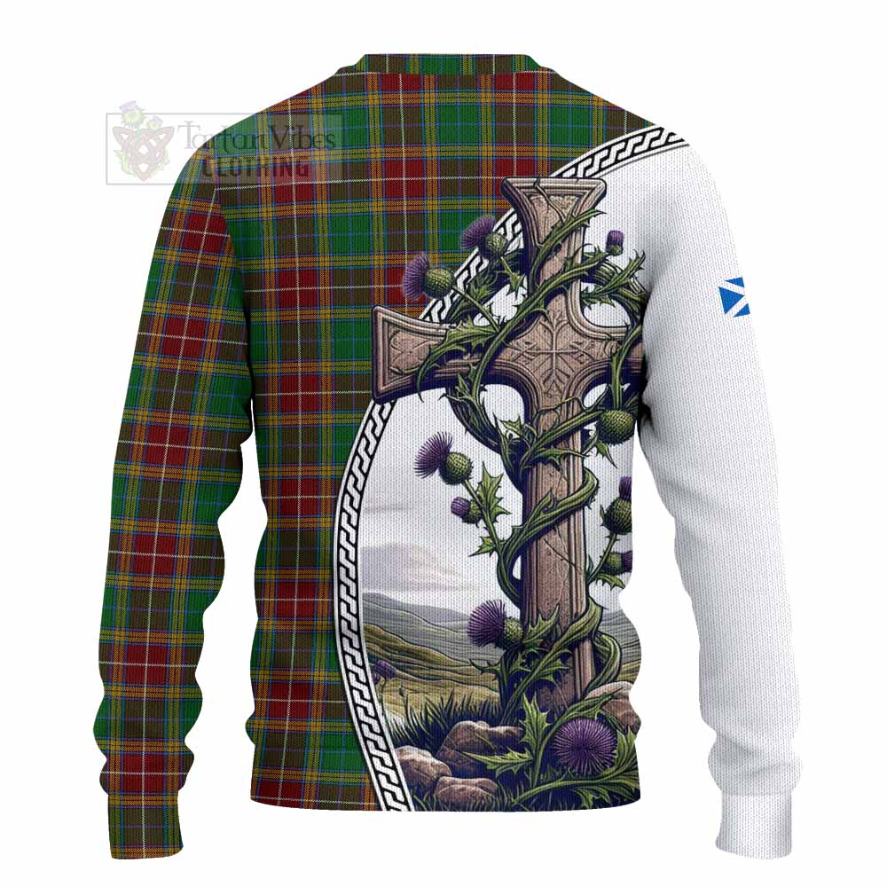 Tartan Vibes Clothing Baxter Tartan Knitted Sweater with Family Crest and St. Andrew's Cross Accented by Thistle Vines