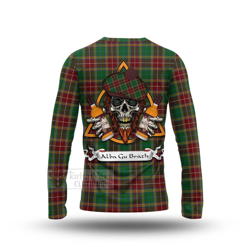 Tartan Vibes Clothing Baxter Tartan Long Sleeve T-Shirt with Family Crest and Bearded Skull Holding Bottles of Whiskey