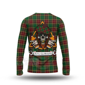 Baxter Tartan Long Sleeve T-Shirt with Family Crest and Bearded Skull Holding Bottles of Whiskey