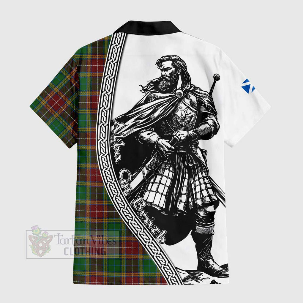 Tartan Vibes Clothing Baxter Tartan Clan Crest Short Sleeve Button Shirt with Highlander Warrior Celtic Style