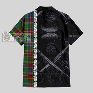 Baxter Tartan Short Sleeve Button Shirt with Family Crest Cross Sword Thistle Celtic Vibes