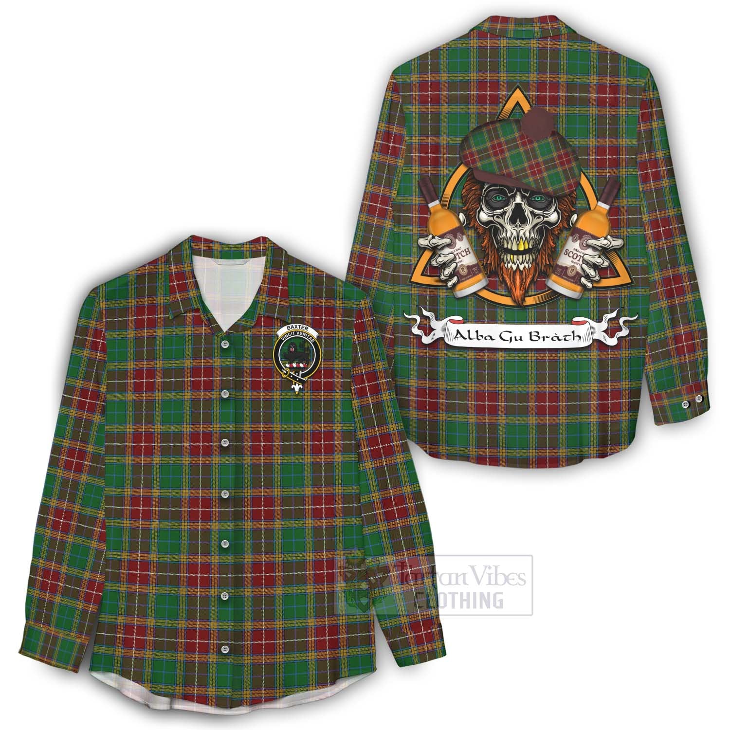 Tartan Vibes Clothing Baxter Tartan Women's Casual Shirt with Family Crest and Bearded Skull Holding Bottles of Whiskey