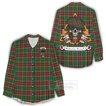 Baxter Tartan Women's Casual Shirt with Family Crest and Bearded Skull Holding Bottles of Whiskey