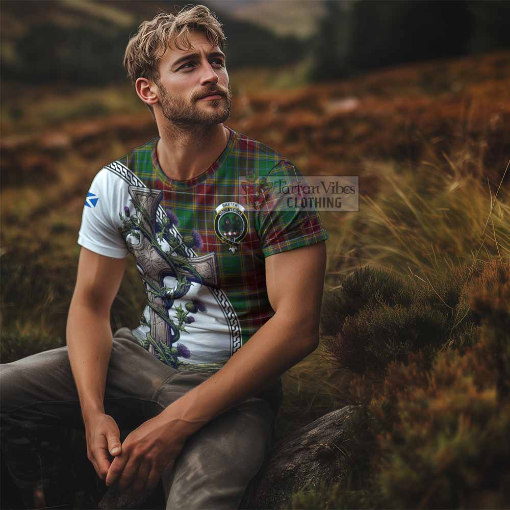 Tartan Vibes Clothing Baxter Agnew Tartan T-Shirt with Family Crest and St. Andrew's Cross Accented by Thistle Vines