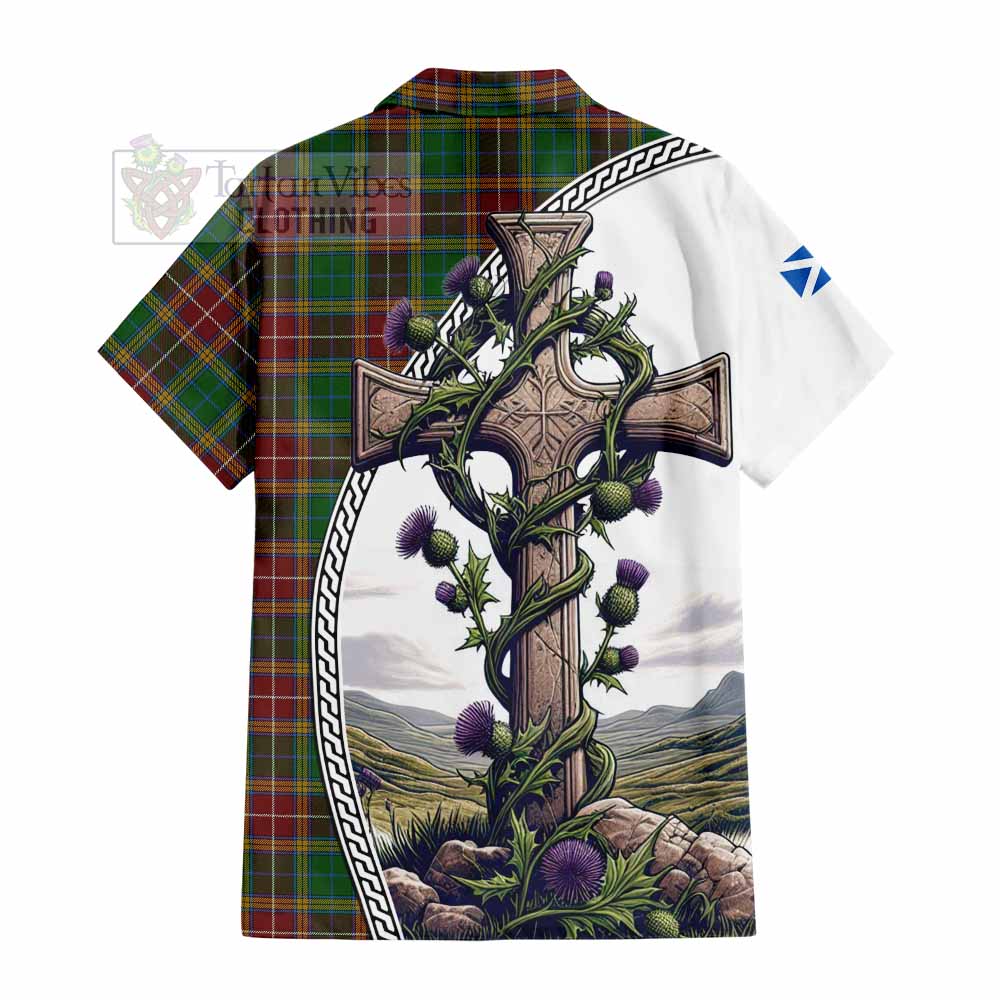 Tartan Vibes Clothing Baxter Tartan Short Sleeve Button Shirt with Family Crest and St. Andrew's Cross Accented by Thistle Vines