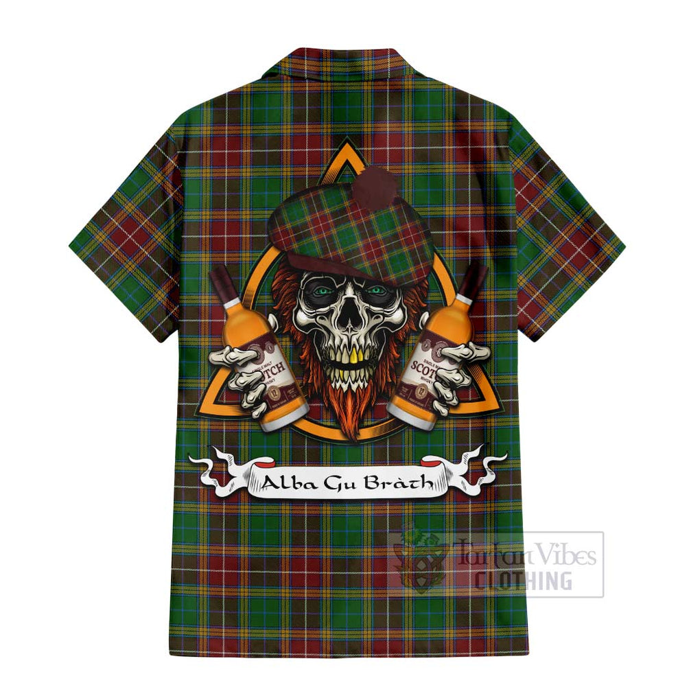 Tartan Vibes Clothing Baxter Tartan Short Sleeve Button Shirt with Family Crest and Bearded Skull Holding Bottles of Whiskey