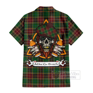 Baxter Tartan Short Sleeve Button Shirt with Family Crest and Bearded Skull Holding Bottles of Whiskey