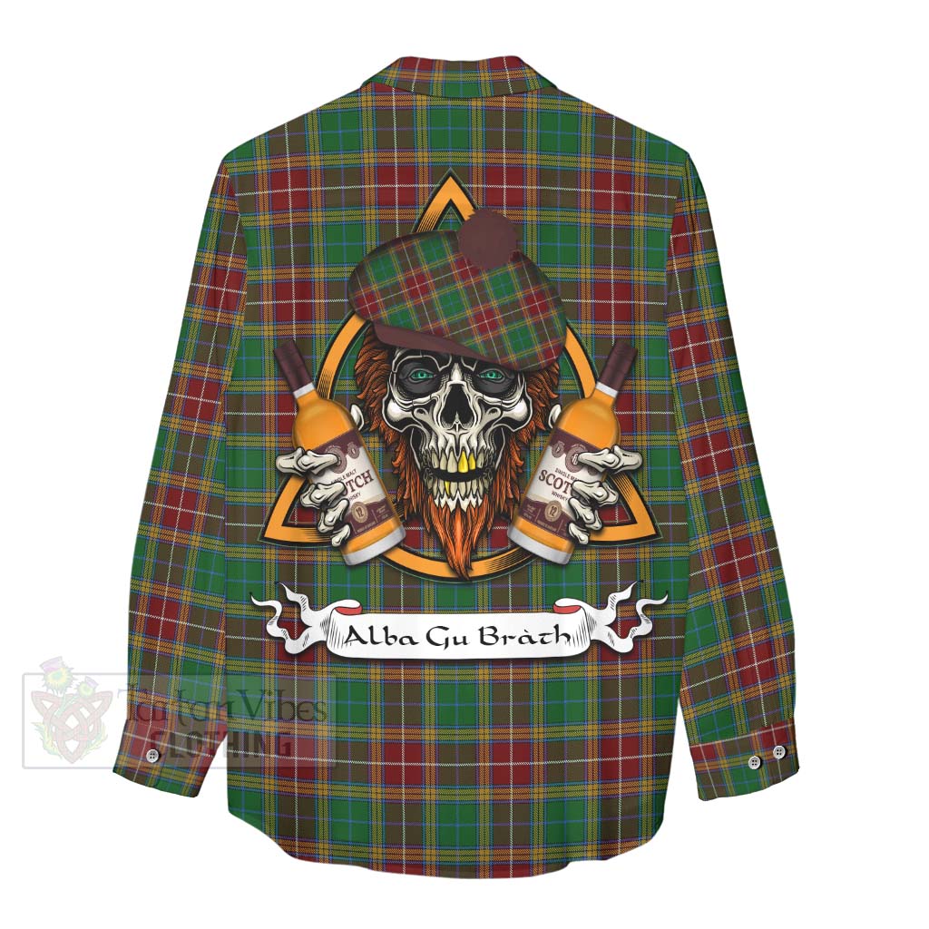 Tartan Vibes Clothing Baxter Tartan Women's Casual Shirt with Family Crest and Bearded Skull Holding Bottles of Whiskey