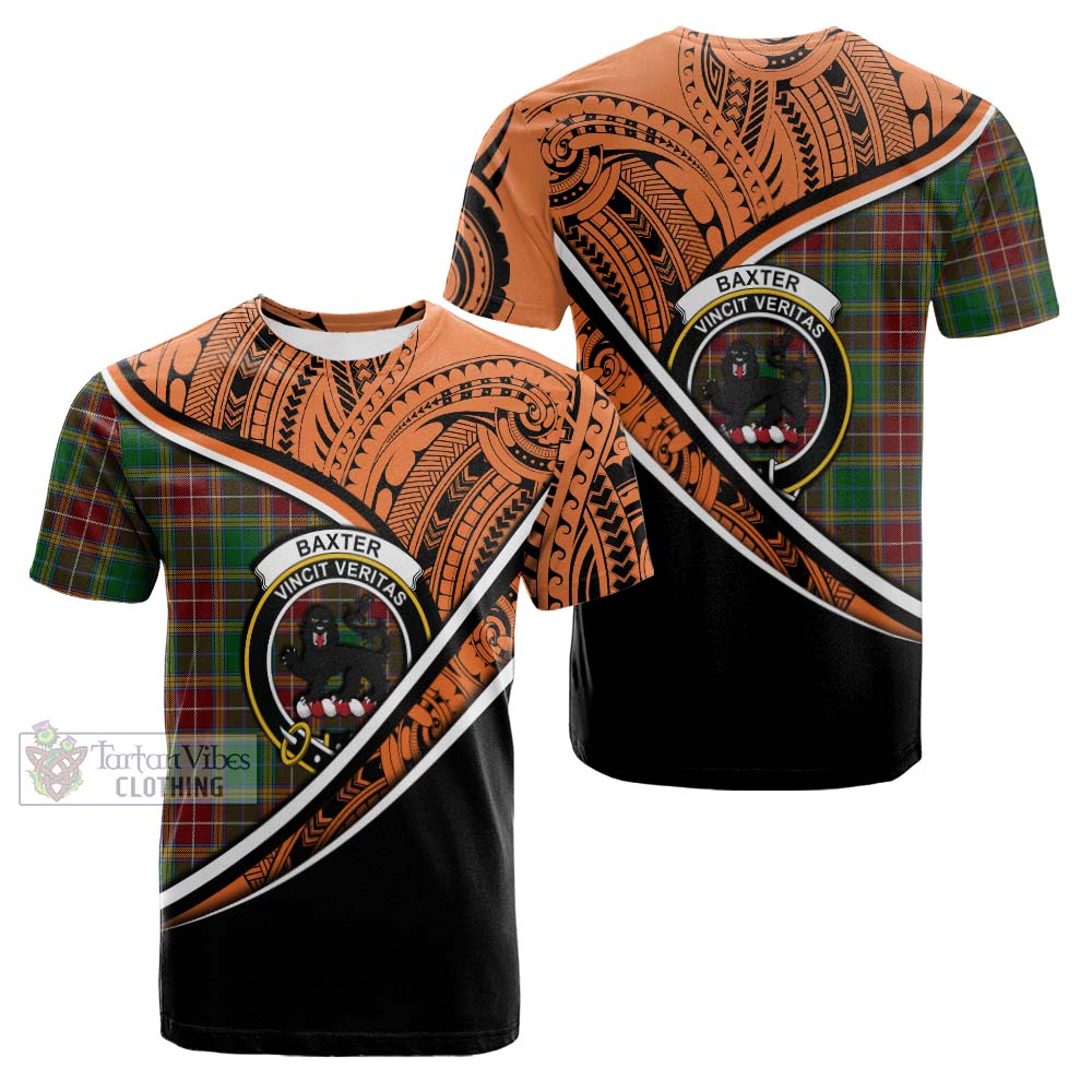 Tartan Vibes Clothing Baxter Crest Tartan Cotton T-shirt with Maori Tattoo Style - Orange Version