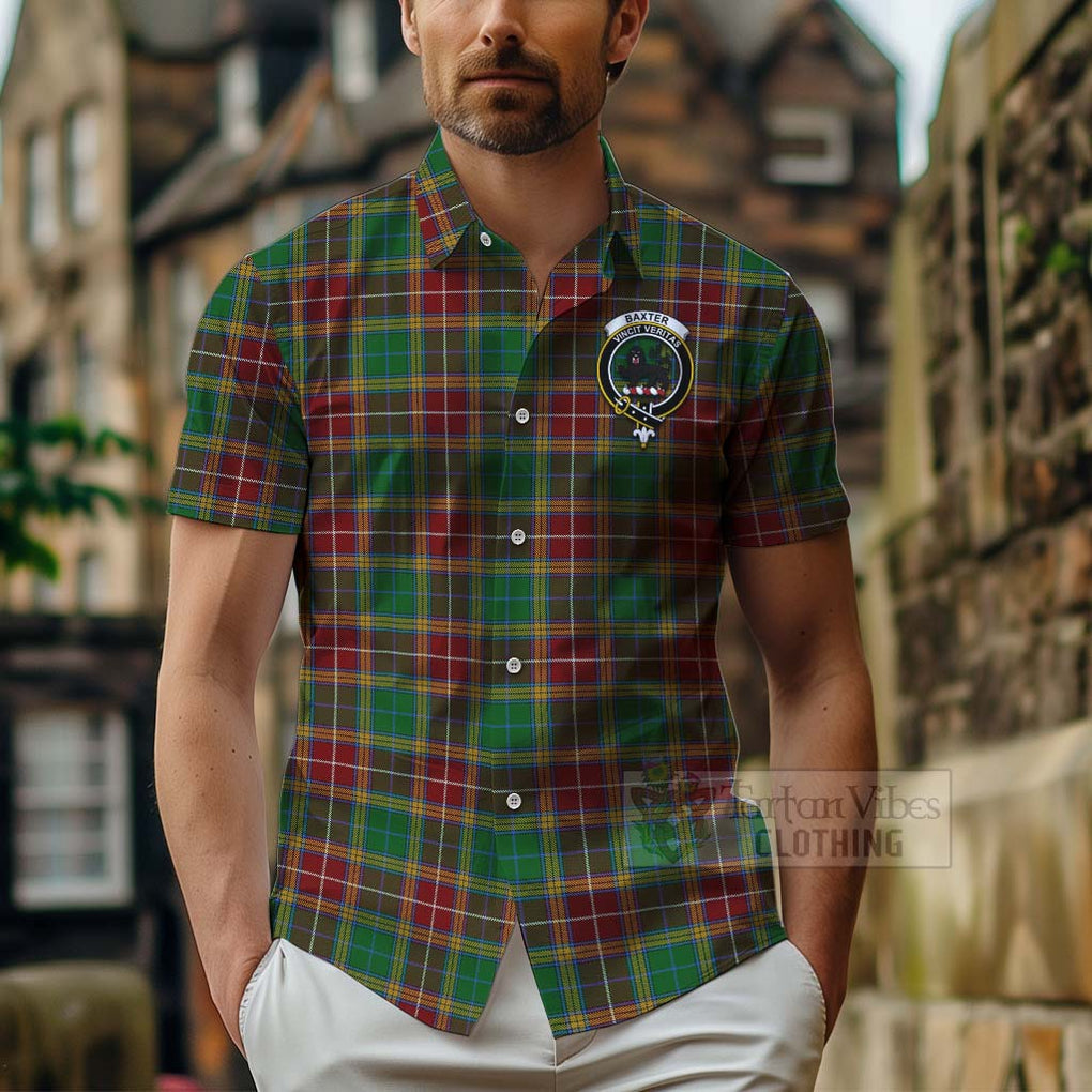 Tartan Vibes Clothing Baxter Tartan Short Sleeve Button Shirt with Family Crest and Bearded Skull Holding Bottles of Whiskey