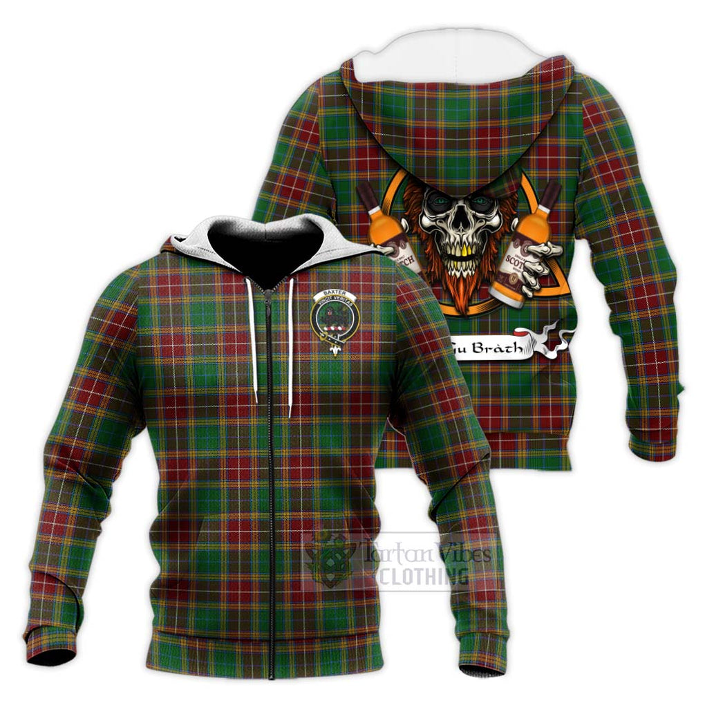 Tartan Vibes Clothing Baxter Tartan Knitted Hoodie with Family Crest and Bearded Skull Holding Bottles of Whiskey