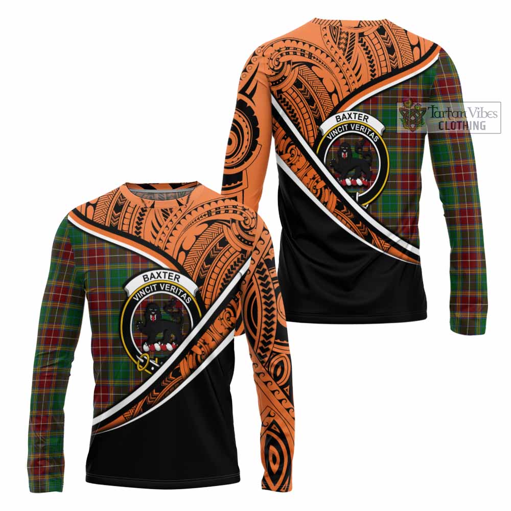 Tartan Vibes Clothing Baxter Crest Tartan Long Sleeve T-Shirt with Maori Tattoo Style - Orange Version