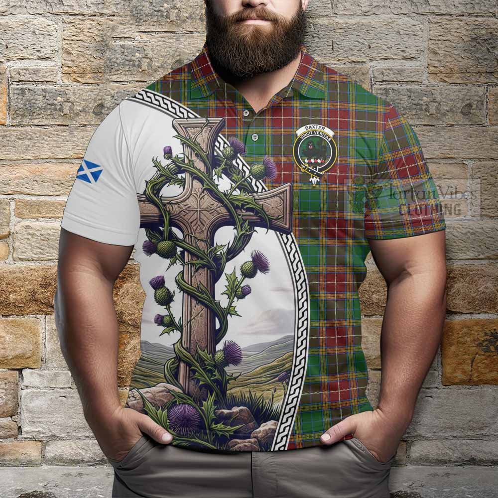 Baxter Tartan Polo Shirt with Family Crest and St. Andrew's Cross Accented by Thistle Vines - Tartan Vibes Clothing
