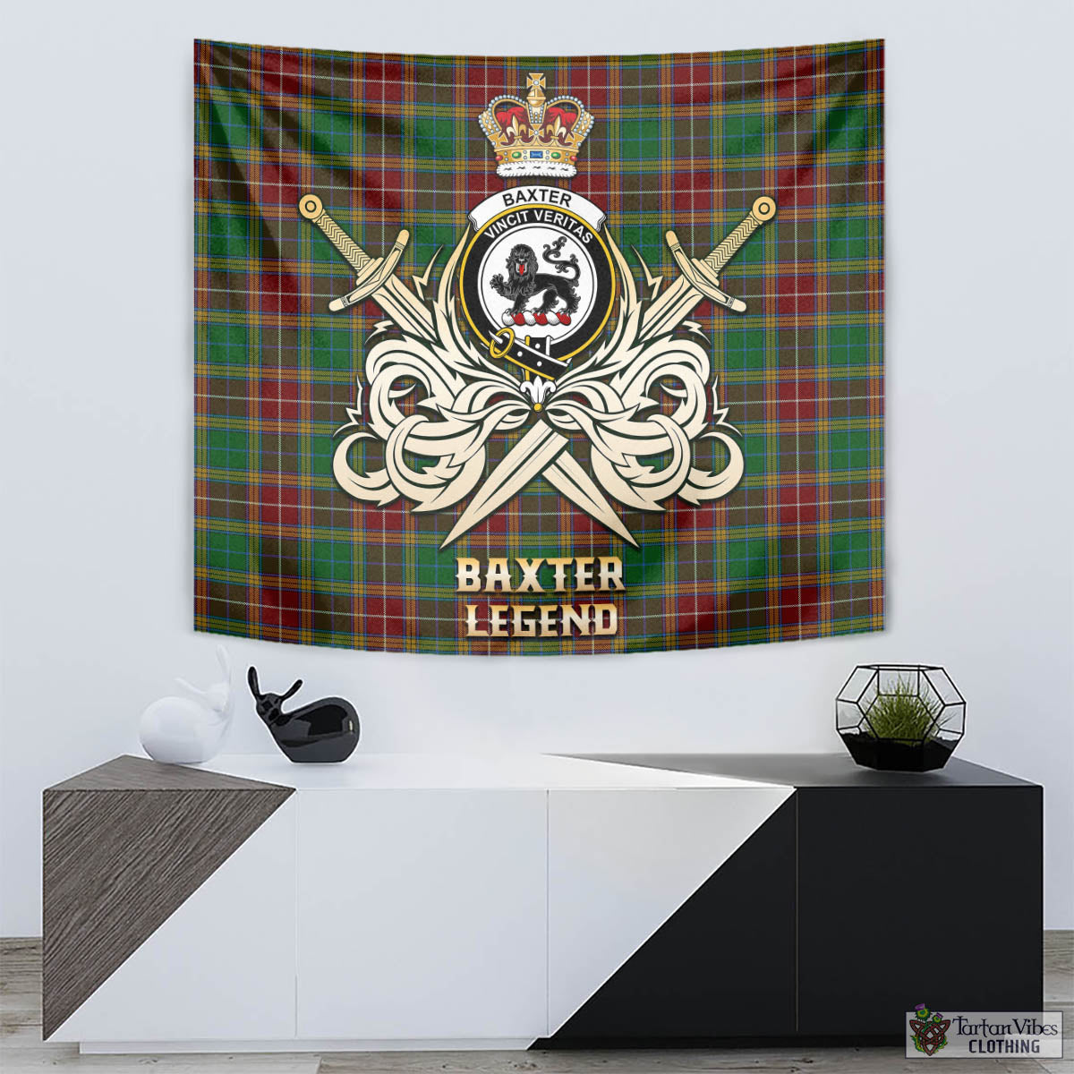 Tartan Vibes Clothing Baxter Tartan Tapestry with Clan Crest and the Golden Sword of Courageous Legacy