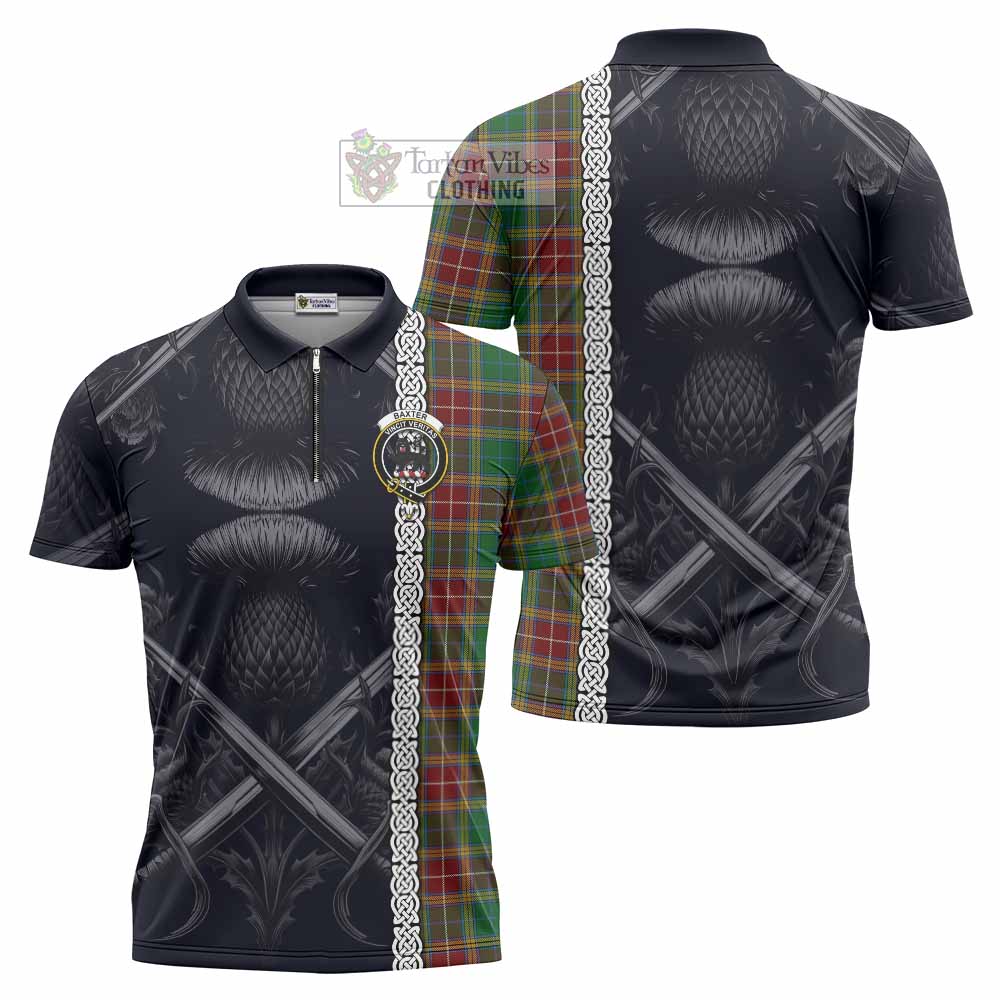 Tartan Vibes Clothing Baxter Tartan Zipper Polo Shirt with Family Crest Cross Sword Thistle Celtic Vibes