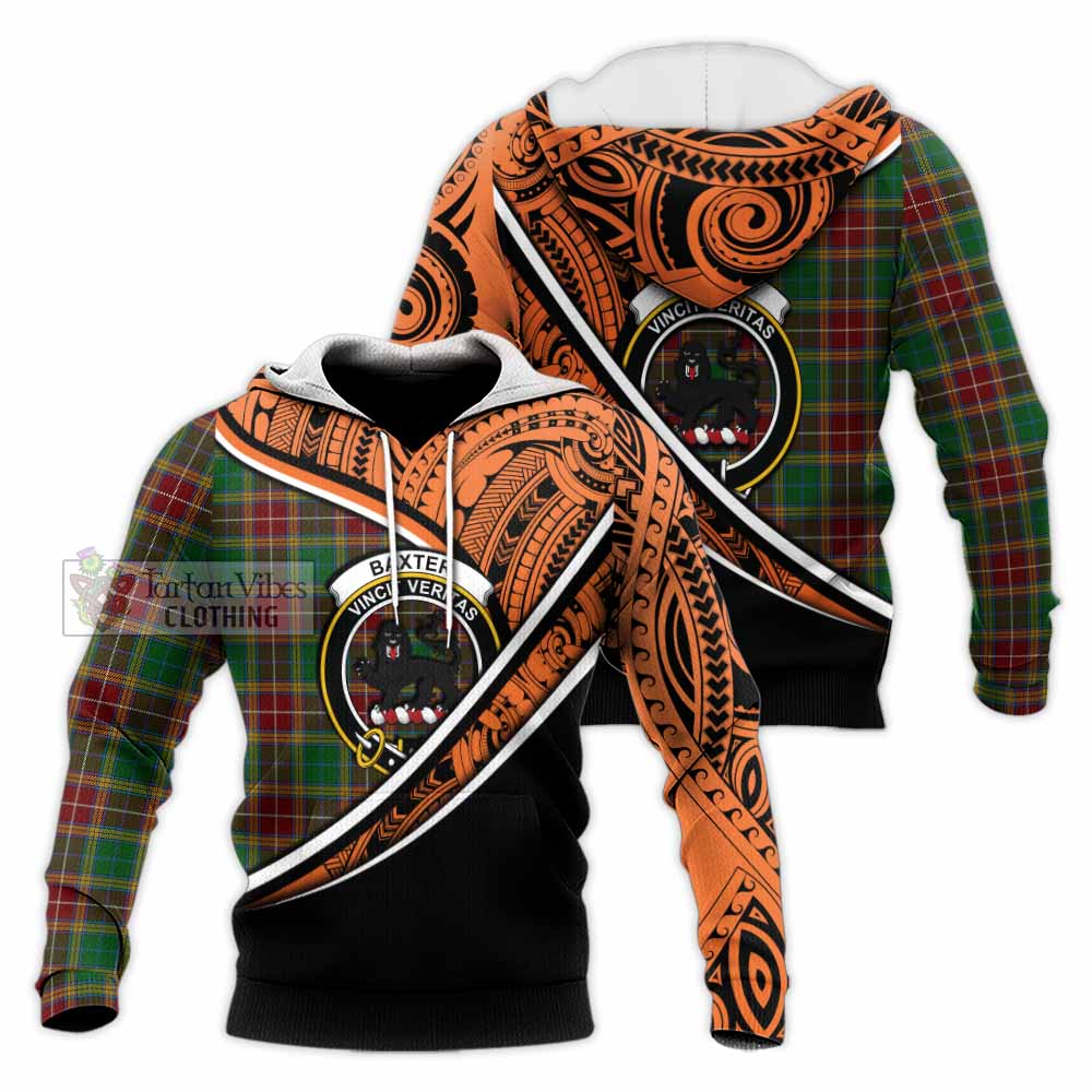 Tartan Vibes Clothing Baxter Crest Tartan Knitted Hoodie with Maori Tattoo Style - Orange Version