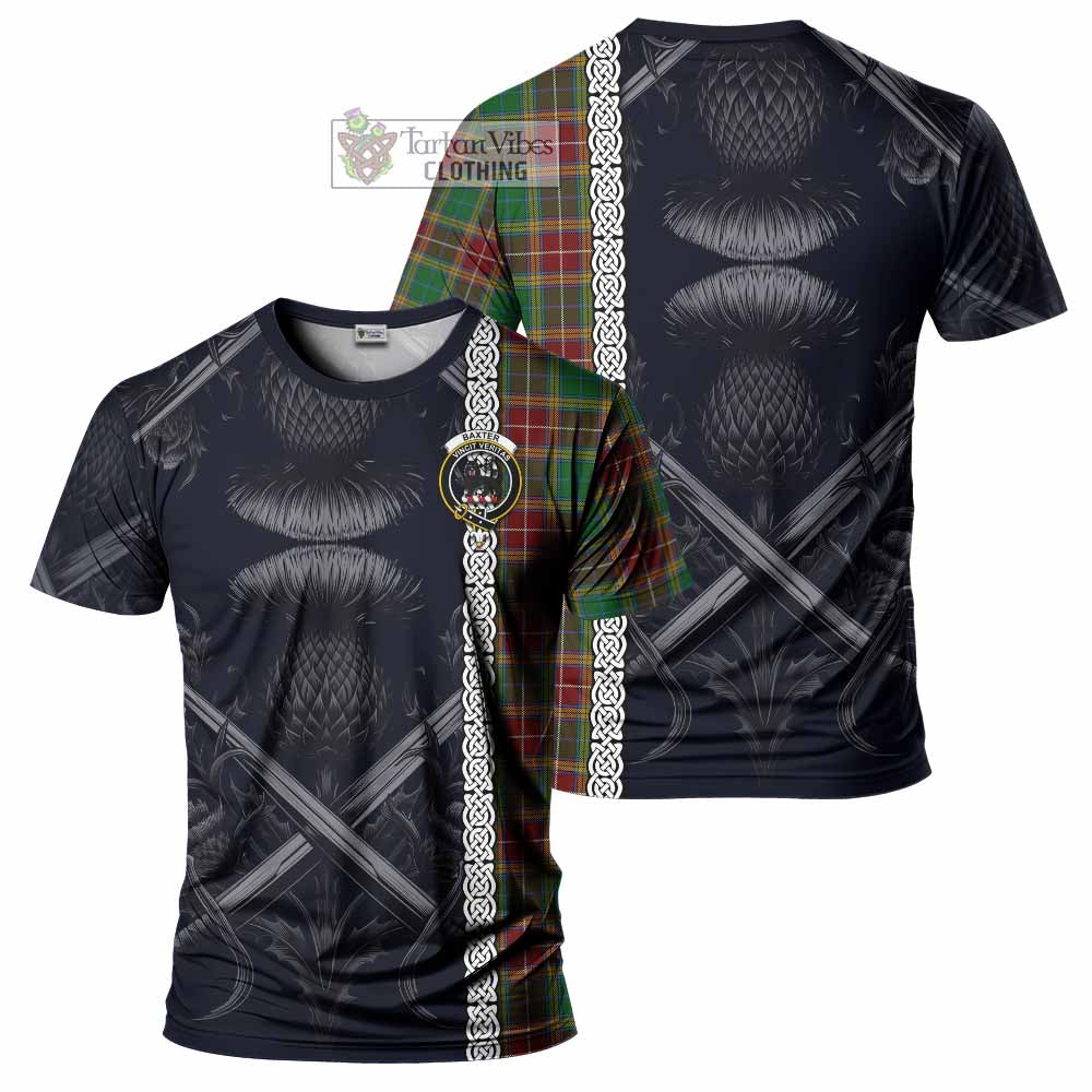 Tartan Vibes Clothing Baxter Tartan T-Shirt with Family Crest Cross Sword Thistle Celtic Vibes