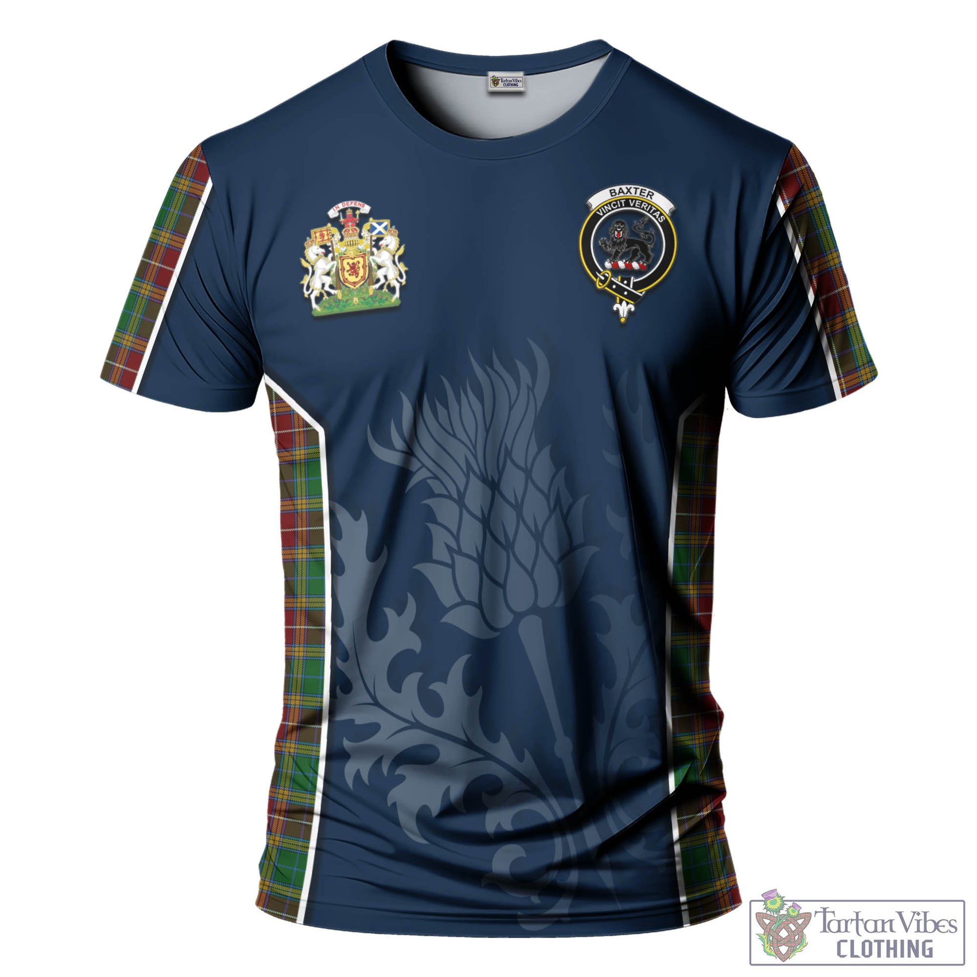 Tartan Vibes Clothing Baxter Tartan T-Shirt with Family Crest and Scottish Thistle Vibes Sport Style