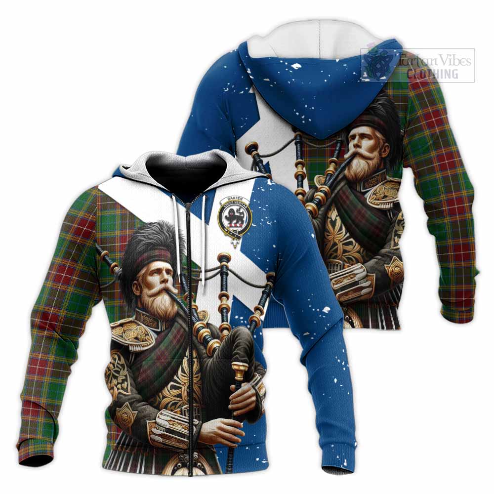 Tartan Vibes Clothing Baxter Tartan Knitted Hoodie with Family Crest Scottish Bagpiper Vibes