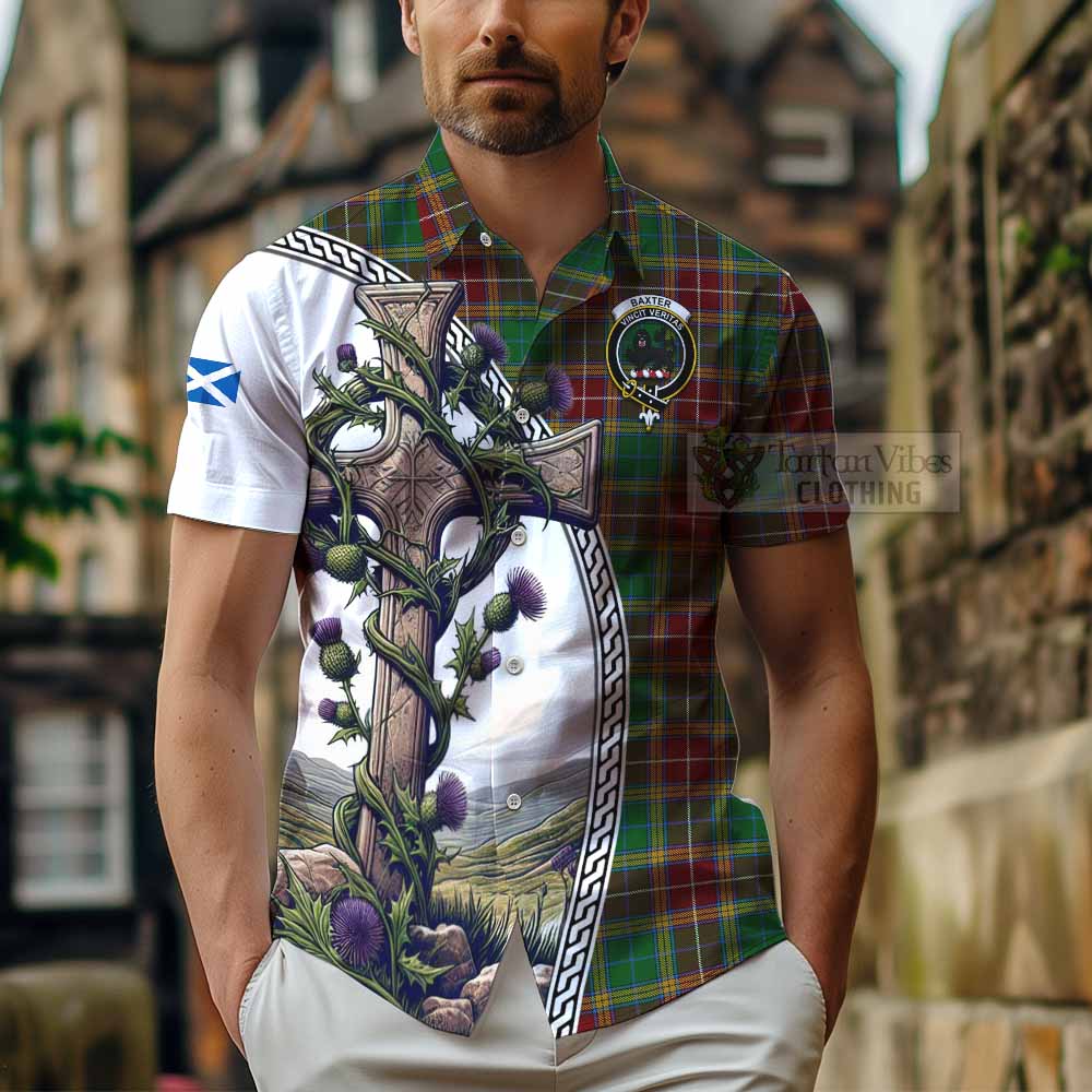 Tartan Vibes Clothing Baxter Tartan Short Sleeve Button Shirt with Family Crest and St. Andrew's Cross Accented by Thistle Vines