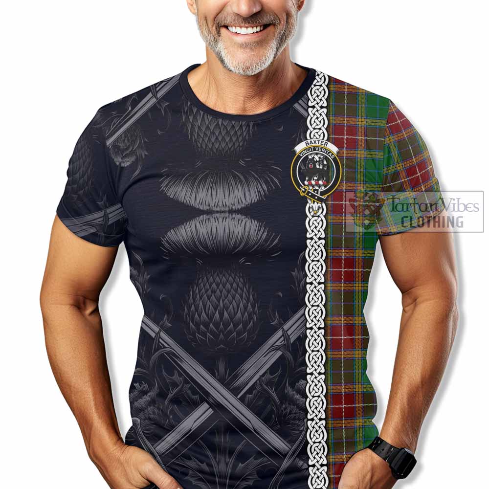 Tartan Vibes Clothing Baxter Tartan T-Shirt with Family Crest Cross Sword Thistle Celtic Vibes