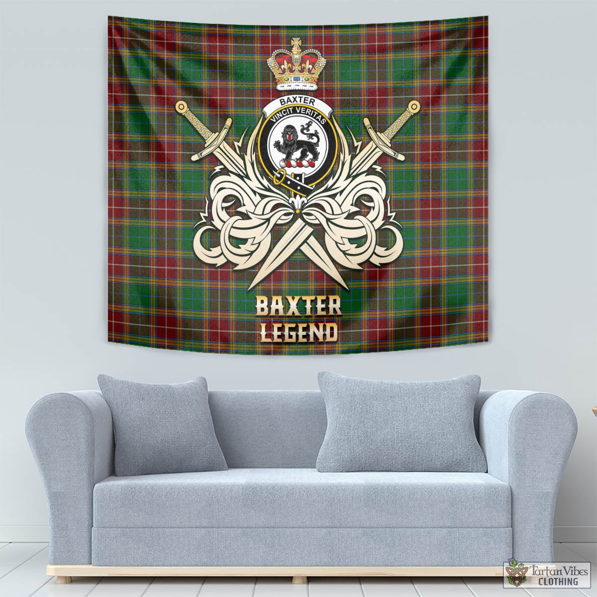 Tartan Vibes Clothing Baxter Tartan Tapestry with Clan Crest and the Golden Sword of Courageous Legacy