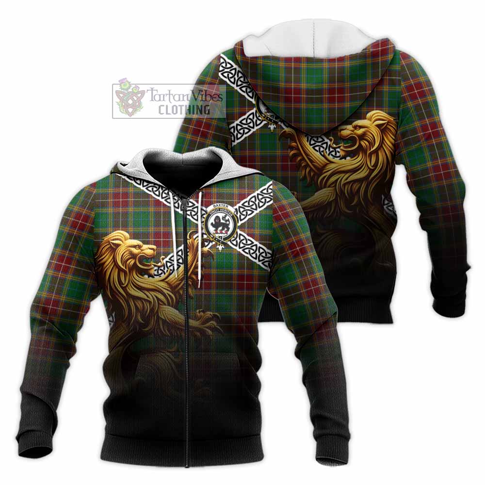 Baxter Crest Tartan Knitted Hoodie with Golden Lion Emblem Celtic Style Unisex Knitted Zip Hoodie - Tartan Vibes Clothing