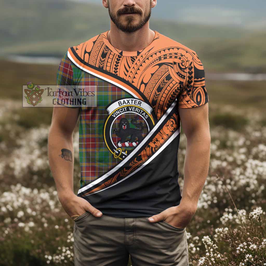 Tartan Vibes Clothing Baxter Crest Tartan T-Shirt with Maori Tattoo Style - Orange Version