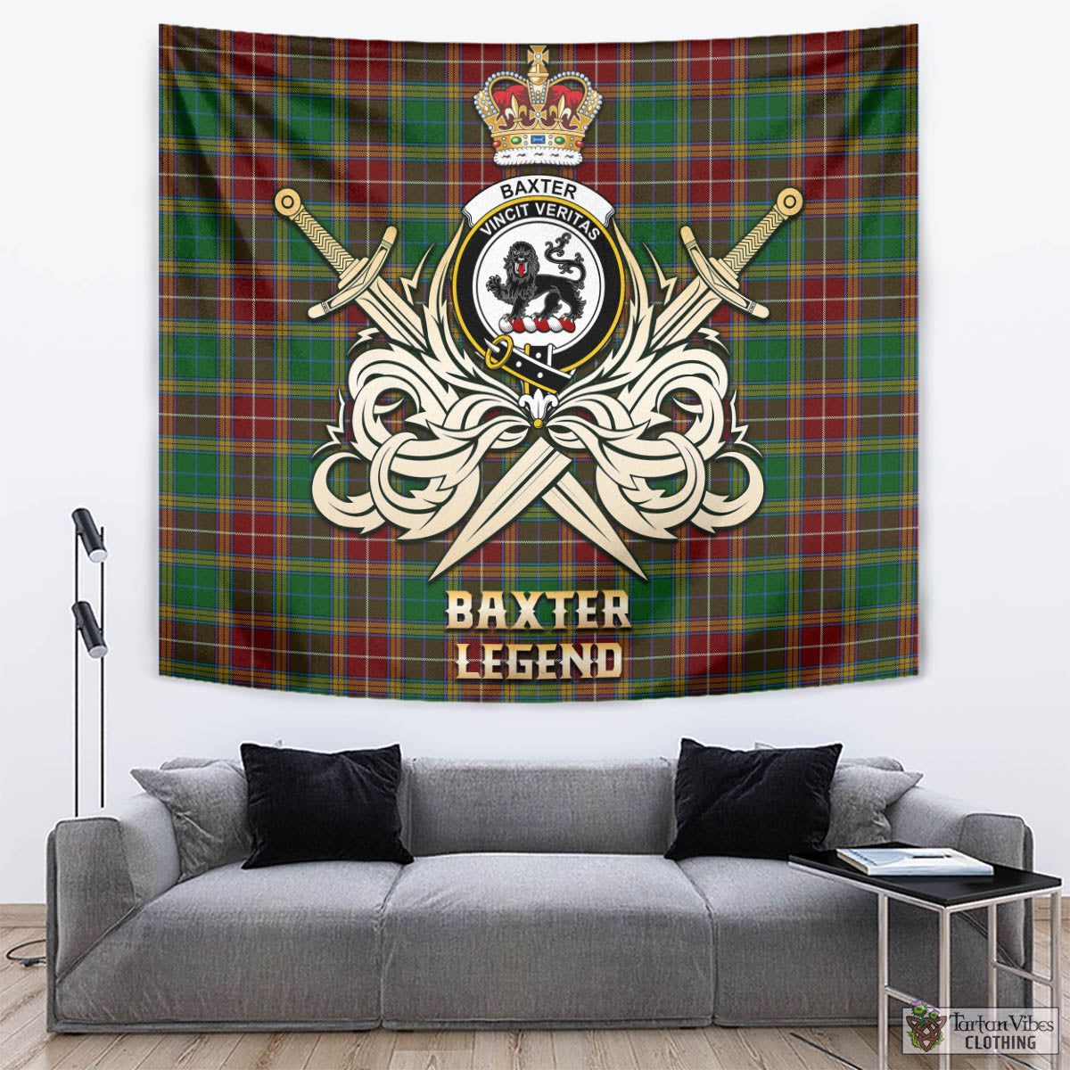 Tartan Vibes Clothing Baxter Tartan Tapestry with Clan Crest and the Golden Sword of Courageous Legacy