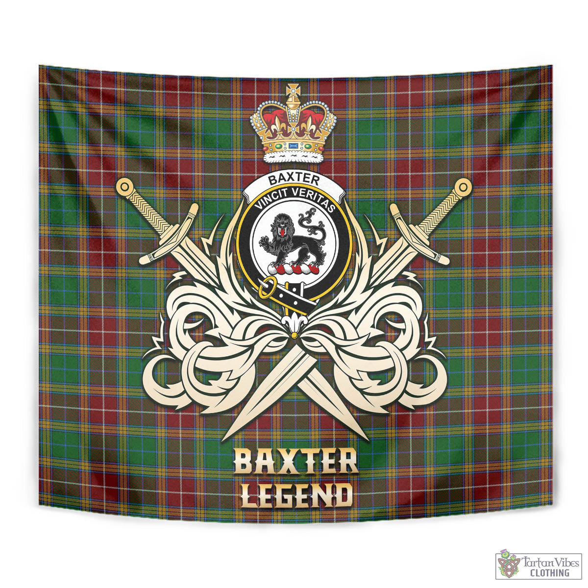 Tartan Vibes Clothing Baxter Tartan Tapestry with Clan Crest and the Golden Sword of Courageous Legacy