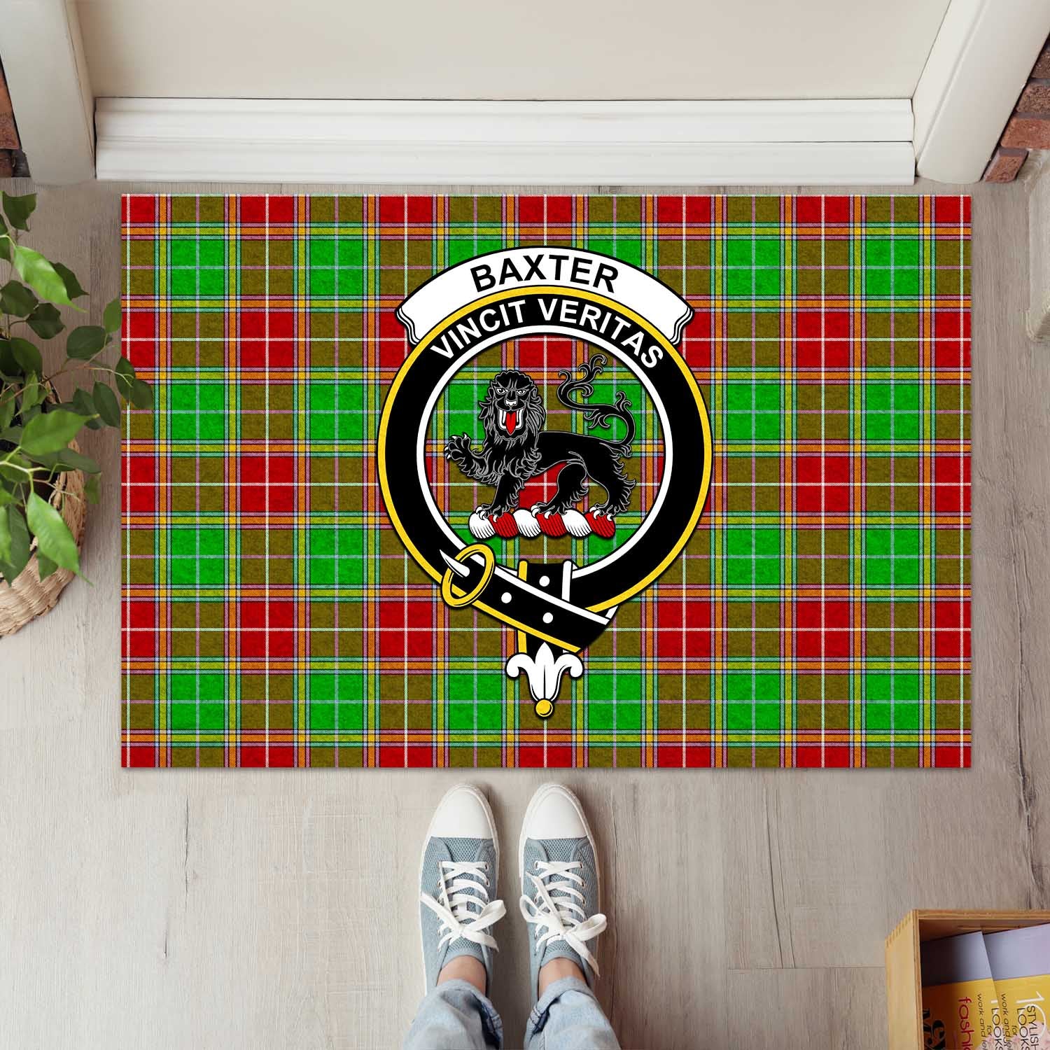 Baxter Modern Tartan Door Mat with Family Crest - Tartanvibesclothing