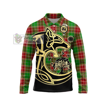 Baxter Modern Tartan Long Sleeve Polo Shirt with Family Crest Celtic Wolf Style