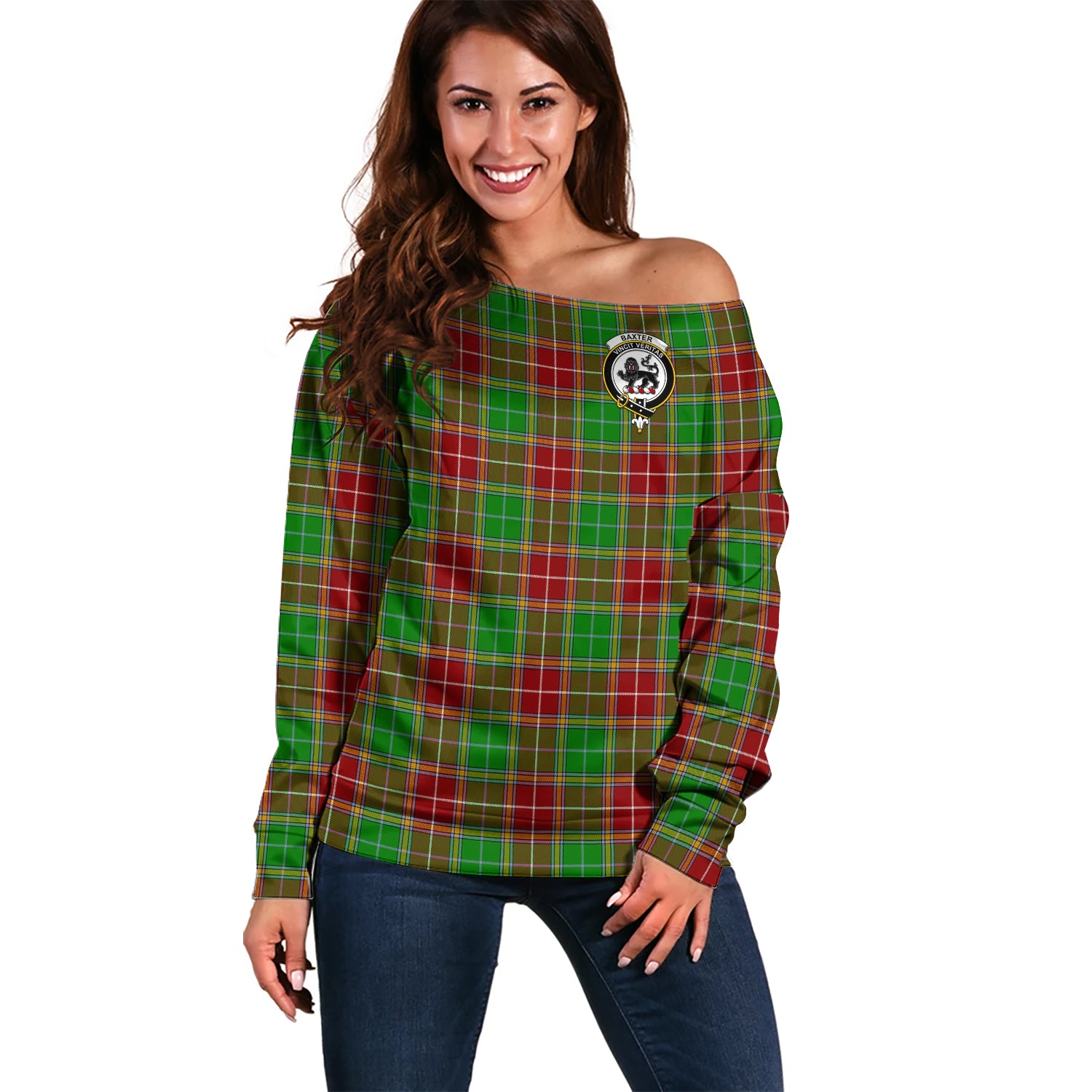 Baxter Modern Tartan Off Shoulder Women Sweater with Family Crest Women - Tartanvibesclothing