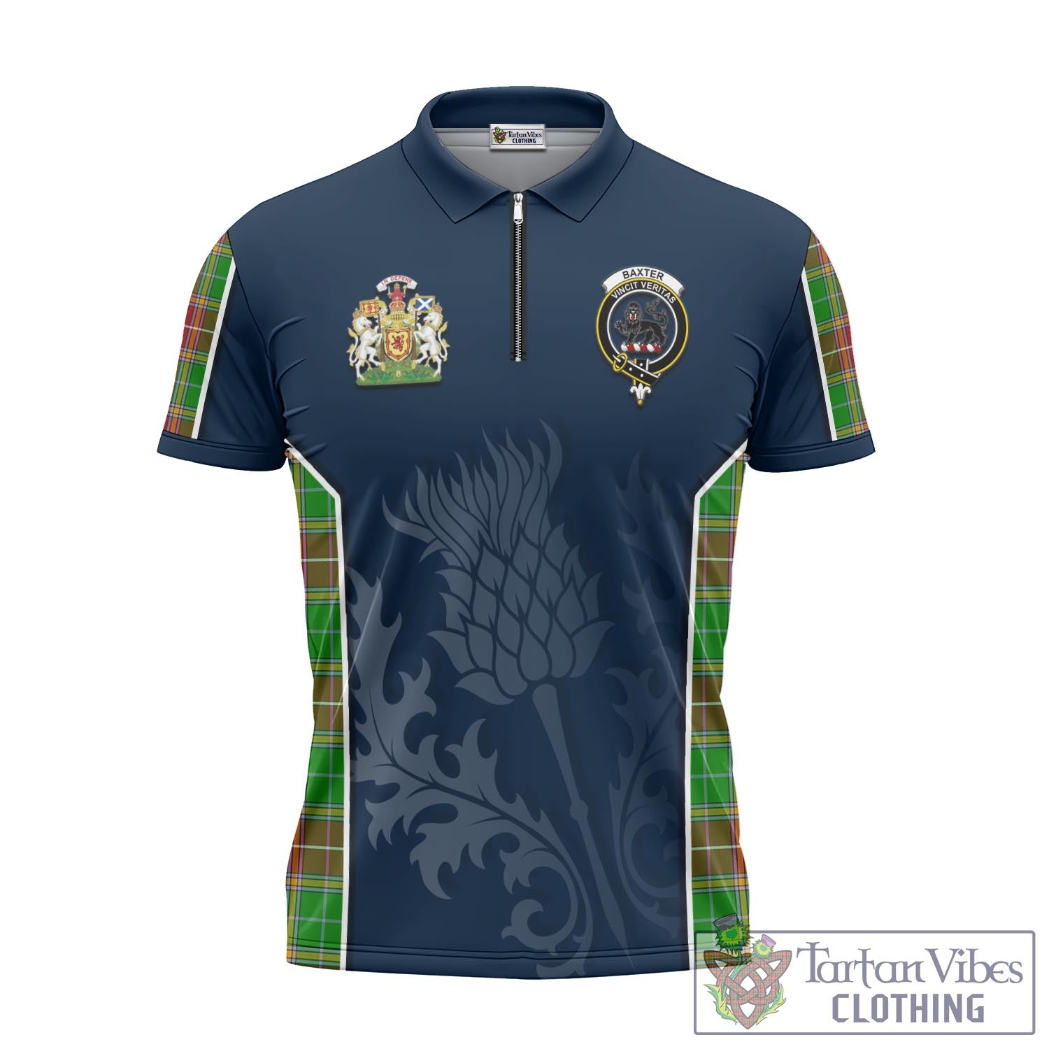 Tartan Vibes Clothing Baxter Modern Tartan Zipper Polo Shirt with Family Crest and Scottish Thistle Vibes Sport Style