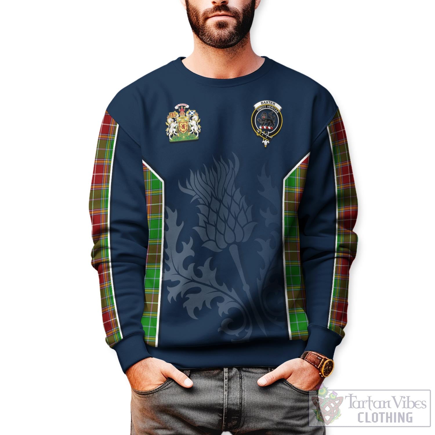 Tartan Vibes Clothing Baxter Modern Tartan Sweatshirt with Family Crest and Scottish Thistle Vibes Sport Style