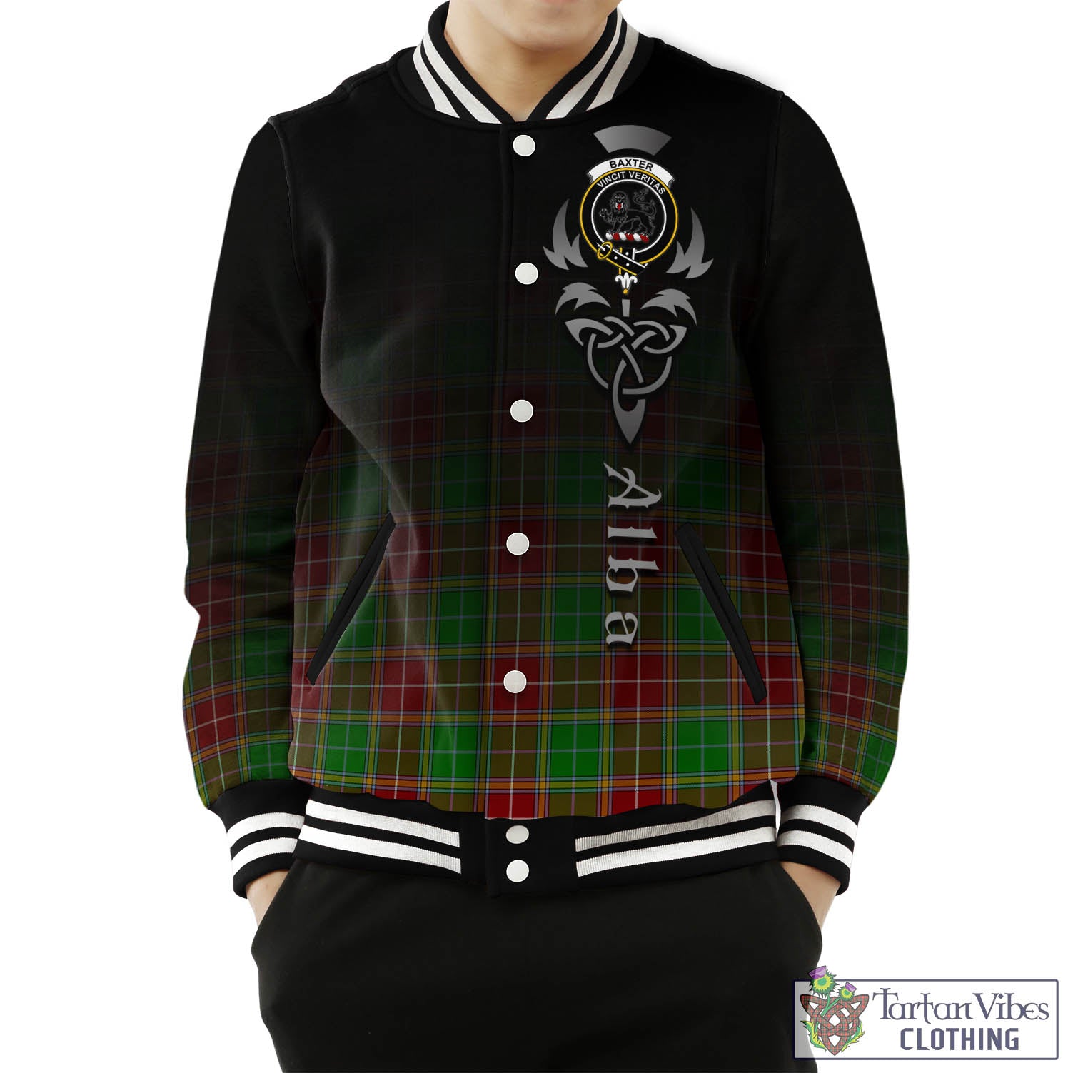 Tartan Vibes Clothing Baxter Modern Tartan Baseball Jacket Featuring Alba Gu Brath Family Crest Celtic Inspired