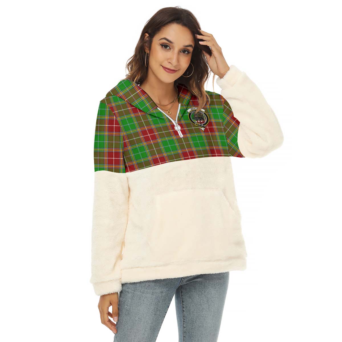 Baxter Modern Tartan Women's Borg Fleece Hoodie With Half Zip with Family Crest Female - Tartanvibesclothing