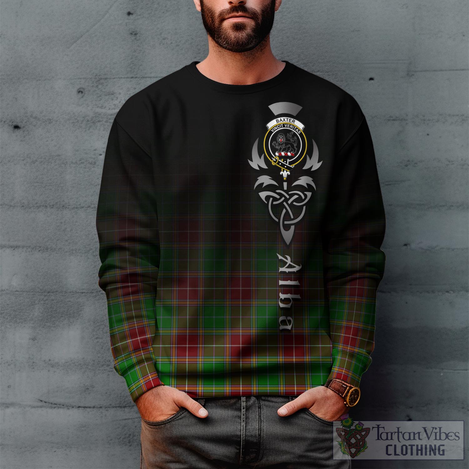 Tartan Vibes Clothing Baxter Modern Tartan Sweatshirt Featuring Alba Gu Brath Family Crest Celtic Inspired