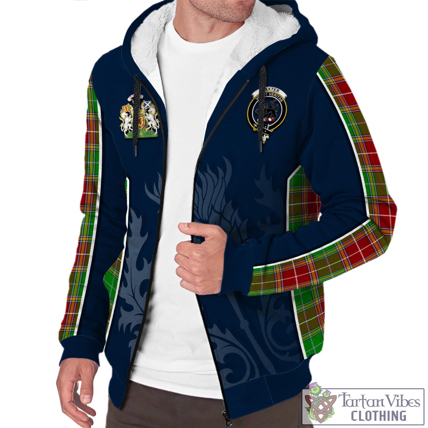 Tartan Vibes Clothing Baxter Modern Tartan Sherpa Hoodie with Family Crest and Scottish Thistle Vibes Sport Style