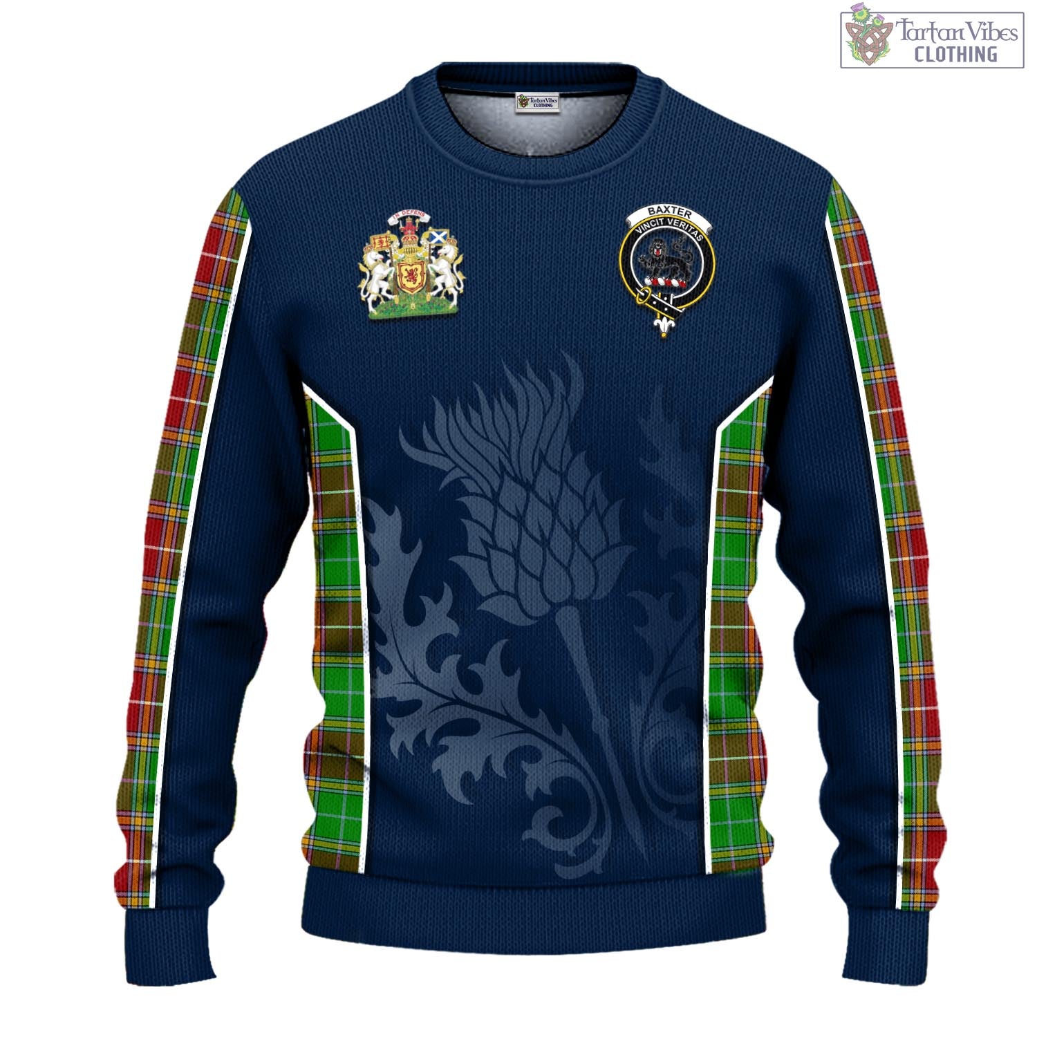 Tartan Vibes Clothing Baxter Modern Tartan Knitted Sweatshirt with Family Crest and Scottish Thistle Vibes Sport Style