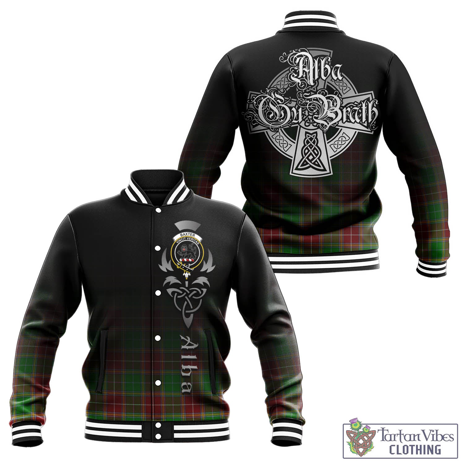 Tartan Vibes Clothing Baxter Modern Tartan Baseball Jacket Featuring Alba Gu Brath Family Crest Celtic Inspired