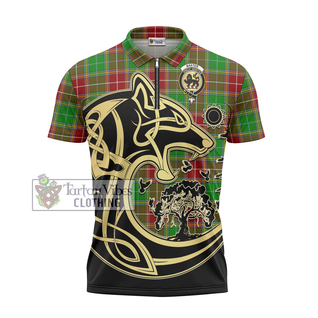 Baxter Modern Tartan Zipper Polo Shirt with Family Crest Celtic Wolf Style - Tartanvibesclothing Shop