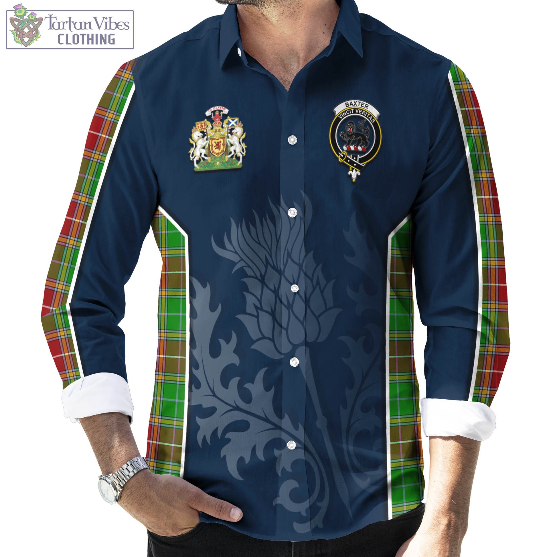 Tartan Vibes Clothing Baxter Modern Tartan Long Sleeve Button Up Shirt with Family Crest and Scottish Thistle Vibes Sport Style