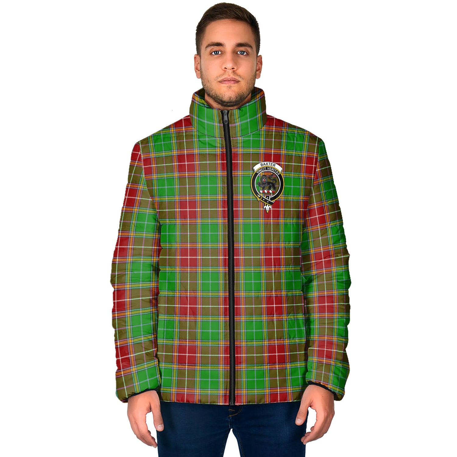 Baxter Modern Tartan Padded Jacket with Family Crest - Tartan Vibes Clothing