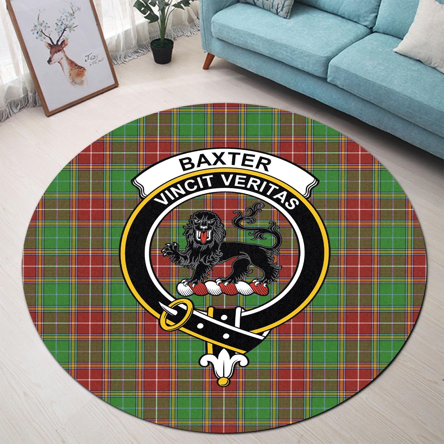 Baxter Modern Tartan Round Rug with Family Crest - Tartanvibesclothing